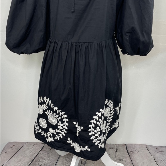 MNG Mango Black Square-Neck Puff Sleeve Mini Dress with White Floral Embroidery - Picture 7 of 16
